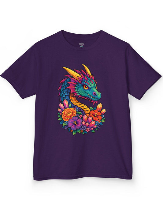 Crystal Bloom Dragon shirt in purple featuring a vibrant dragon surrounded by colorful flowers and glowing crystals