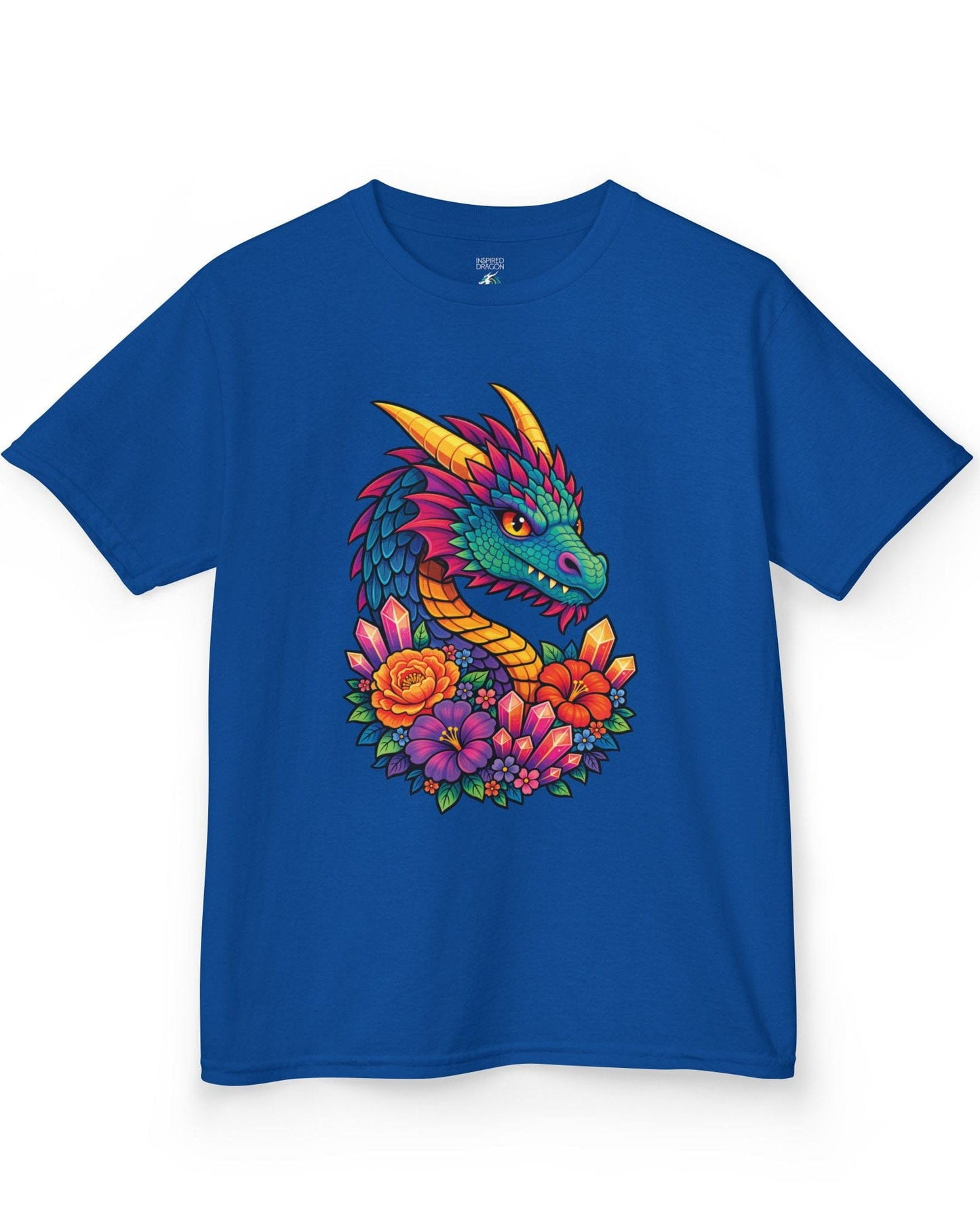 Crystal Bloom Dragon shirt in royal blue featuring a vibrant dragon surrounded by colorful flowers and glowing crystals