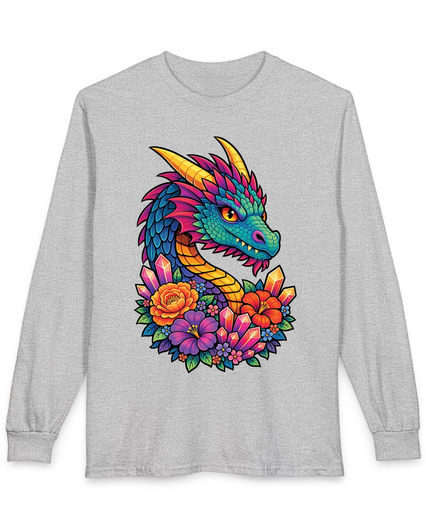 Crystal Bloom Dragon shirt in sport grey featuring a vibrant dragon surrounded by colorful flowers and glowing crystals
