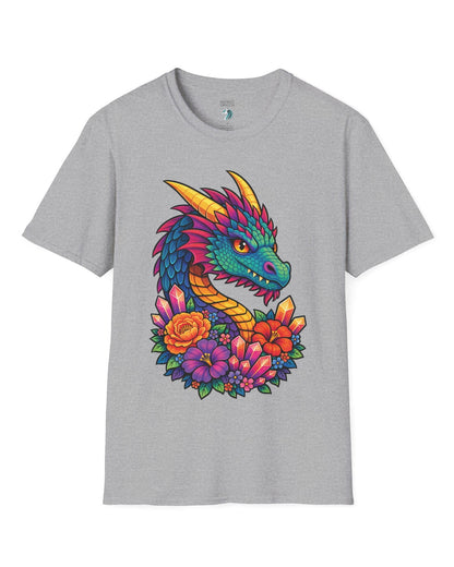 Crystal Bloom Dragon shirt in sport grey featuring a vibrant dragon surrounded by colorful flowers and glowing crystals