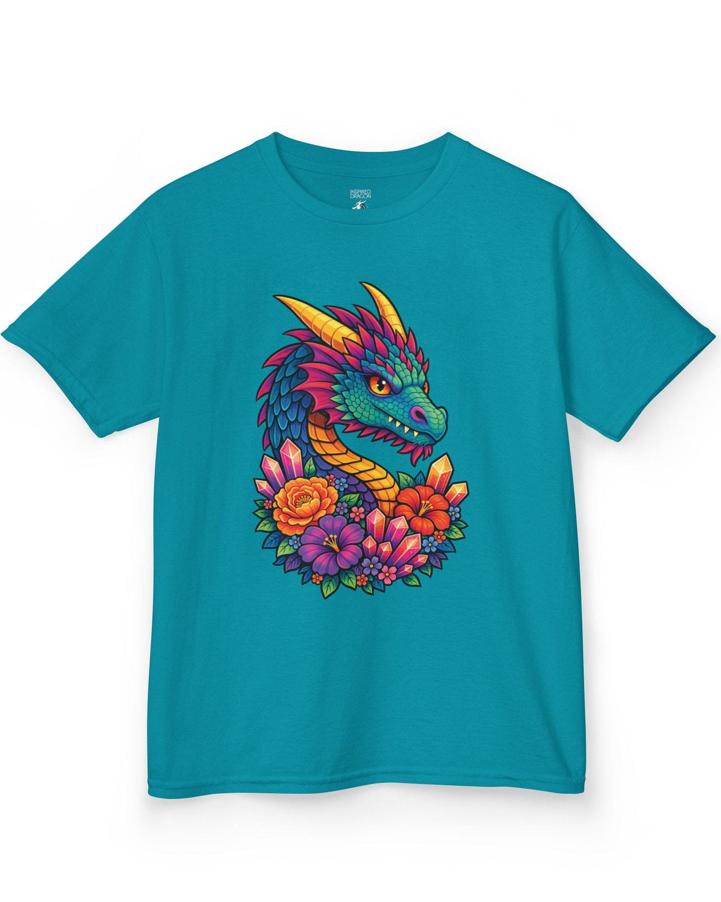 Crystal Bloom Dragon shirt in tropical blue featuring a vibrant dragon surrounded by colorful flowers and glowing crystals