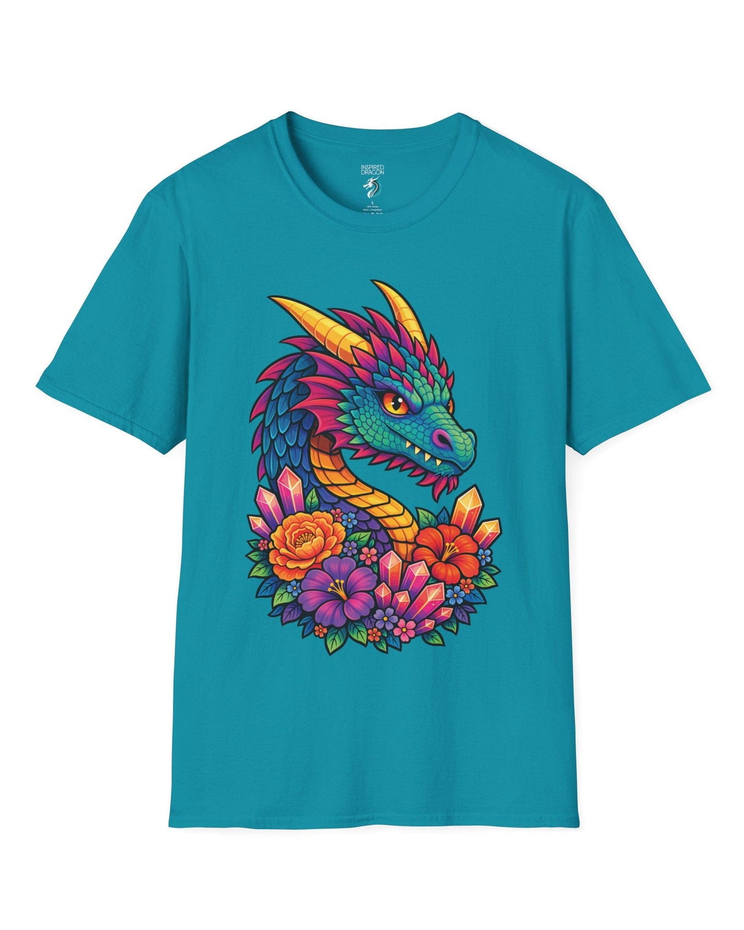 Crystal Bloom Dragon shirt in tropical blue featuring a vibrant dragon surrounded by colorful flowers and glowing crystals