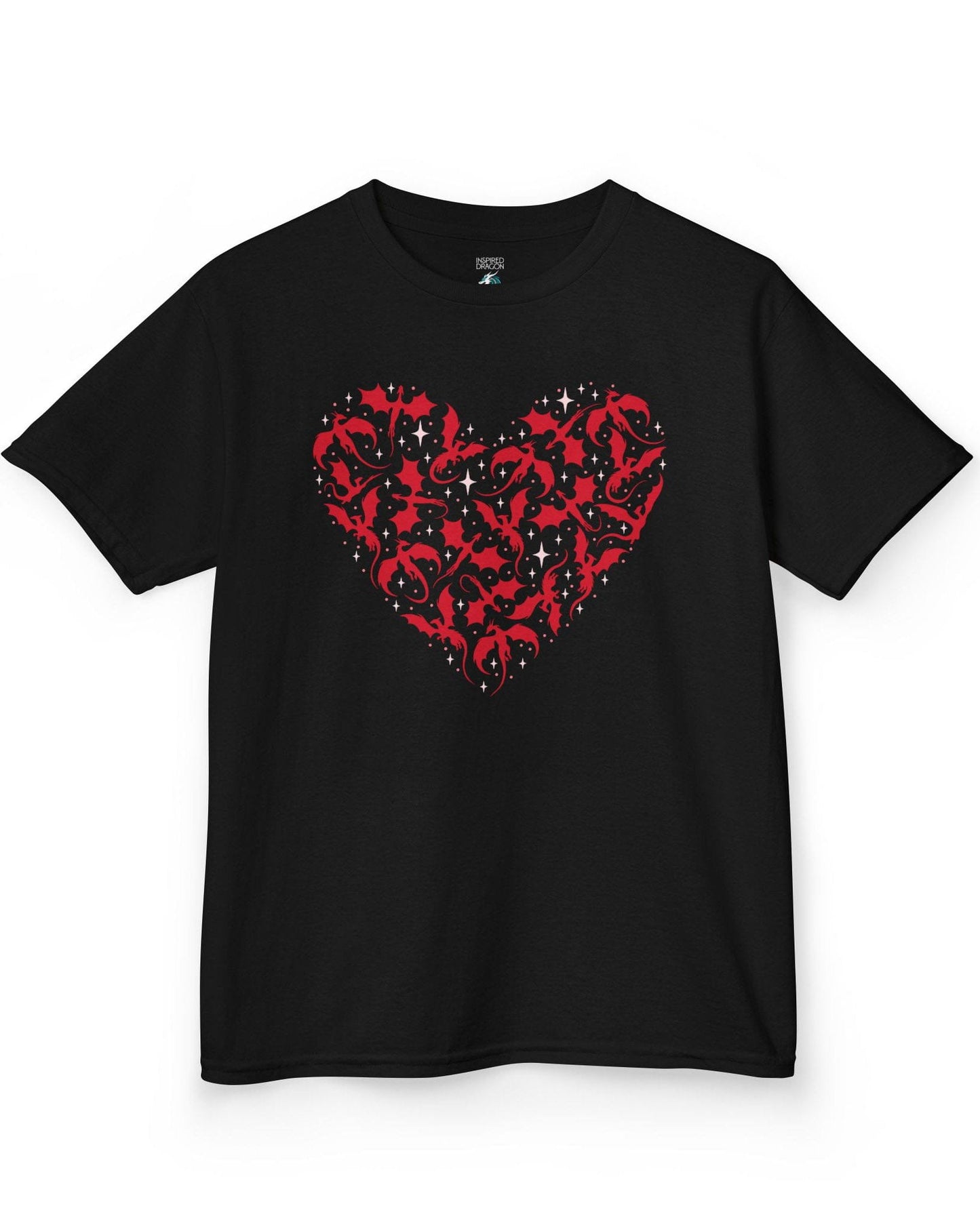 Dragonflight Heart shirt in black featuring a heart formed from flying dragon silhouettes with small star accents