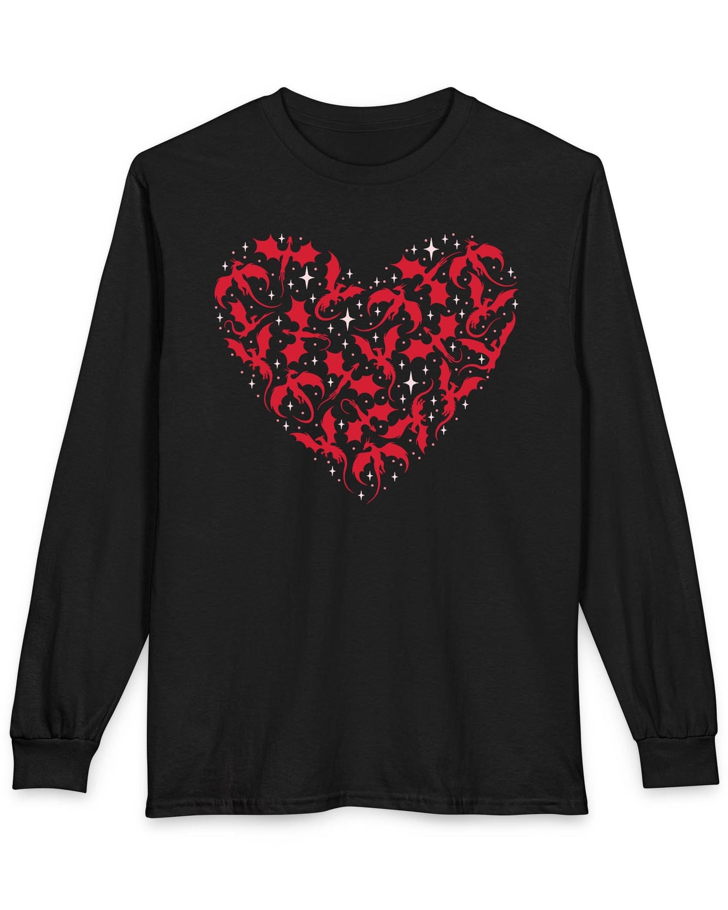 Dragonflight Heart shirt in black featuring a heart formed from flying dragon silhouettes with small star accents