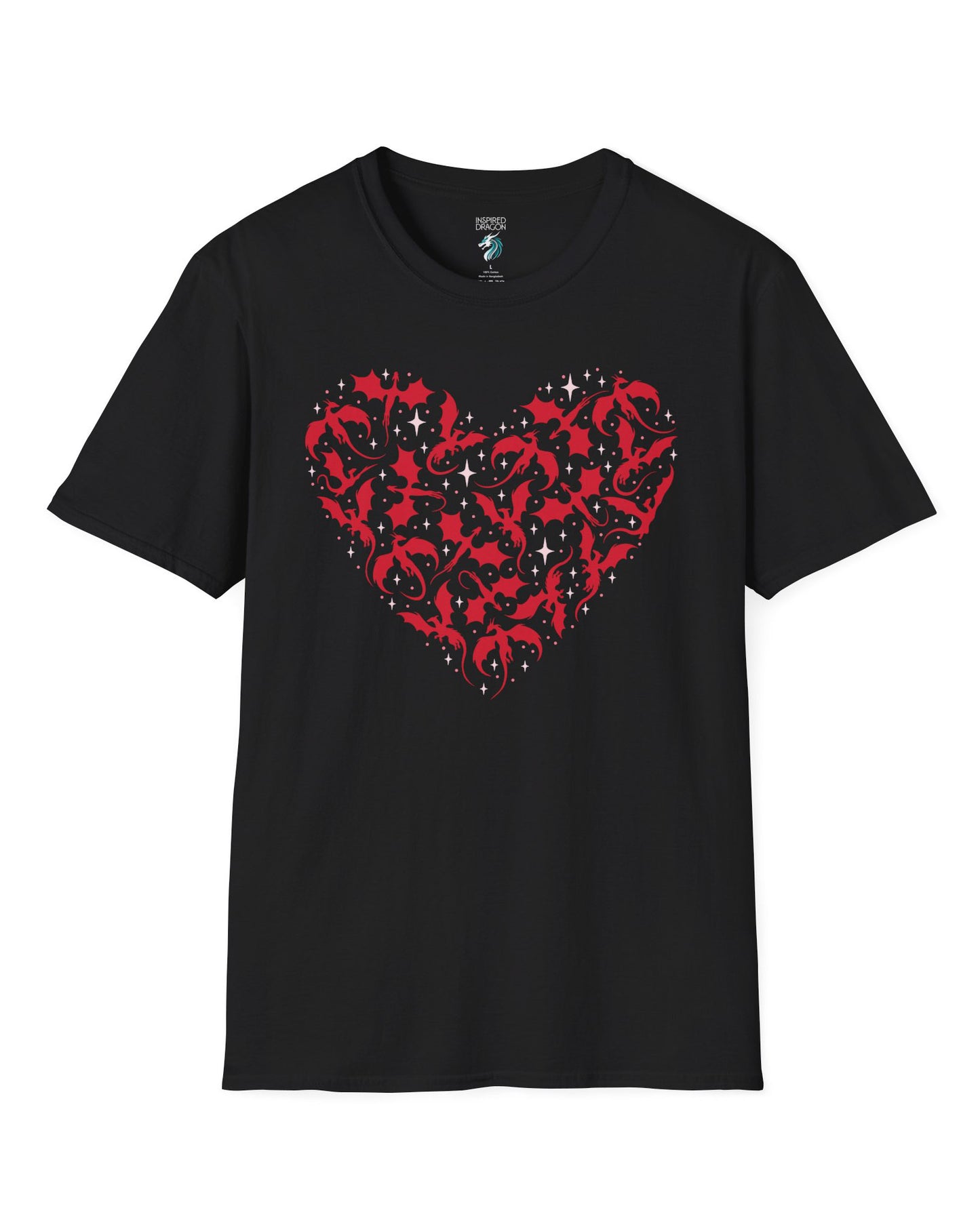 Dragonflight Heart shirt in black featuring a heart formed from flying dragon silhouettes with small star accents