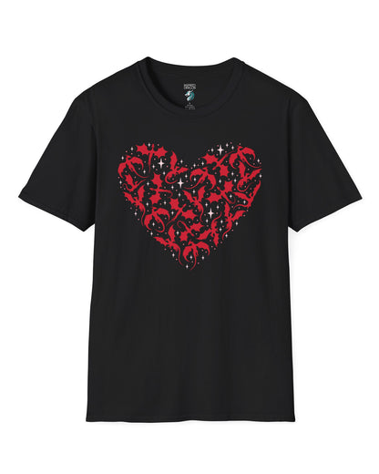 Dragonflight Heart shirt in black featuring a heart formed from flying dragon silhouettes with small star accents