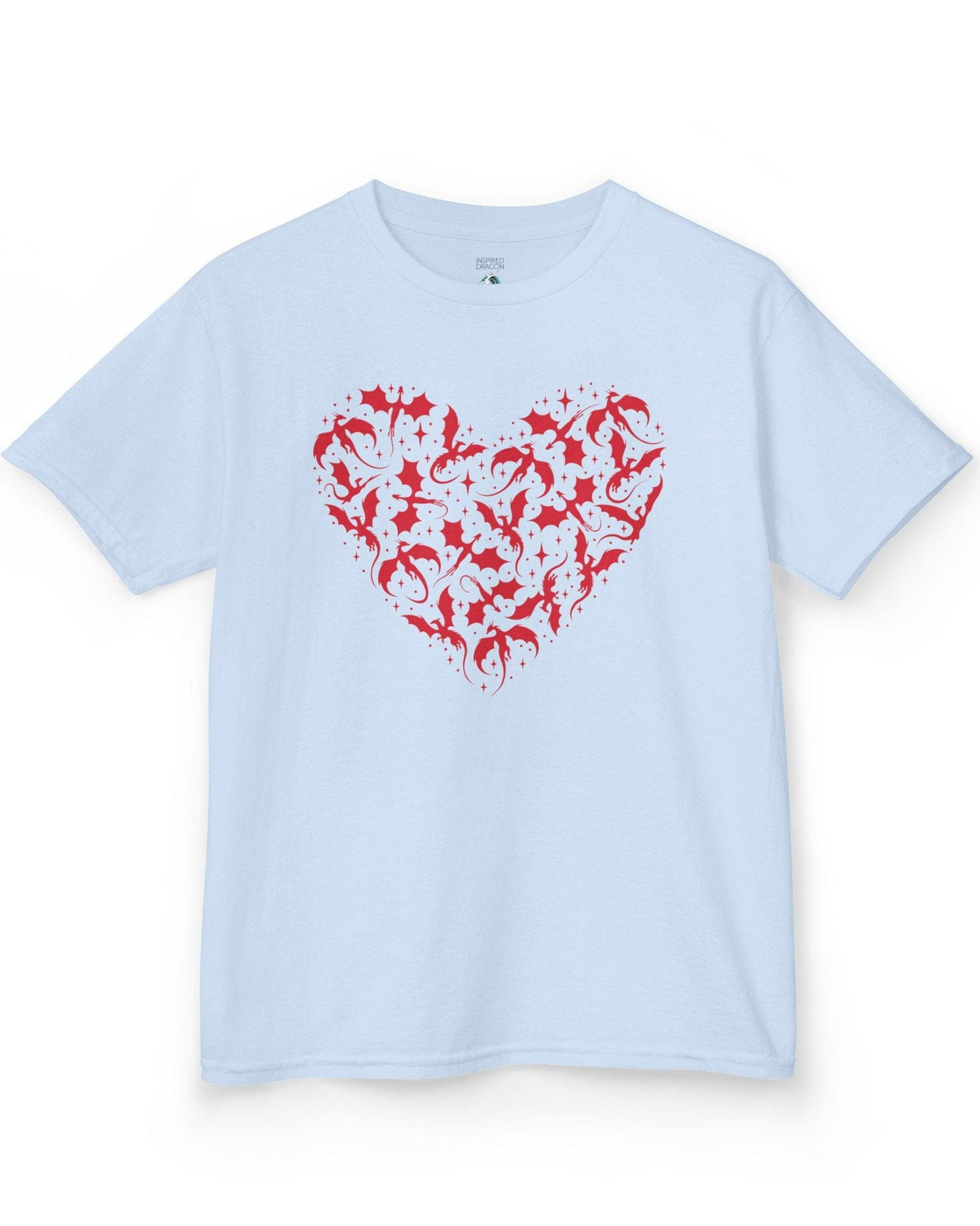 Dragonflight Heart shirt in light blue featuring a heart formed from flying dragon silhouettes with small star accents