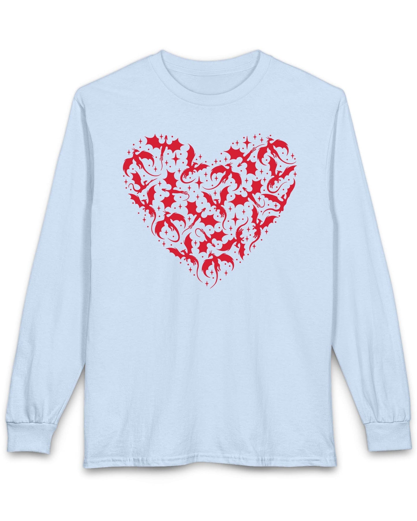 Dragonflight Heart shirt in light blue featuring a heart formed from flying dragon silhouettes with small star accents
