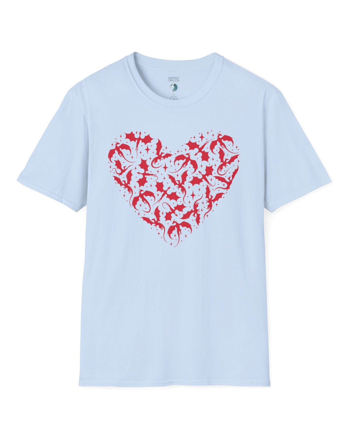 Dragonflight Heart shirt in light blue featuring a heart formed from flying dragon silhouettes with small star accents