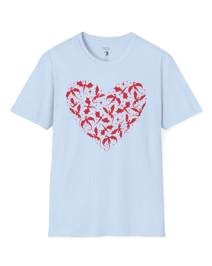 Dragonflight Heart shirt in light blue featuring a heart formed from flying dragon silhouettes with small star accents