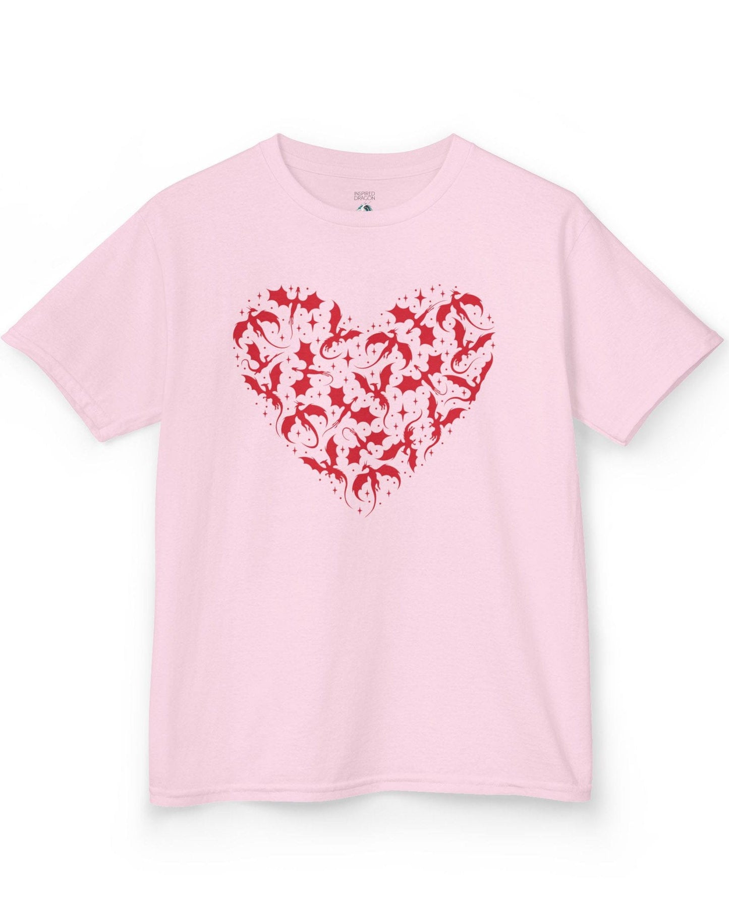 Dragonflight Heart shirt in light pink featuring a heart formed from flying dragon silhouettes with small star accents