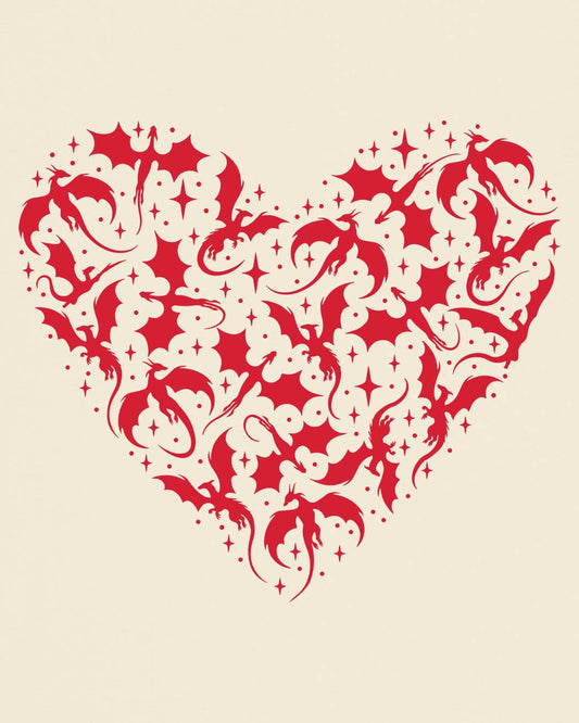 Dragonflight Heart shirt in natural featuring a heart formed from flying dragon silhouettes with small star accents