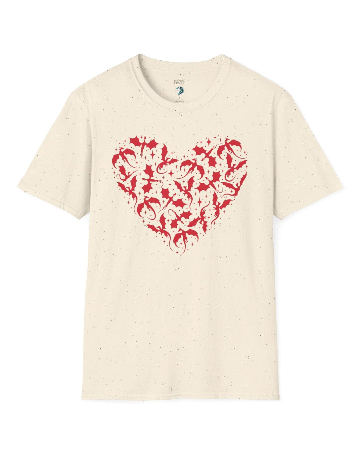Dragonflight Heart shirt in natural featuring a heart formed from flying dragon silhouettes with small star accents