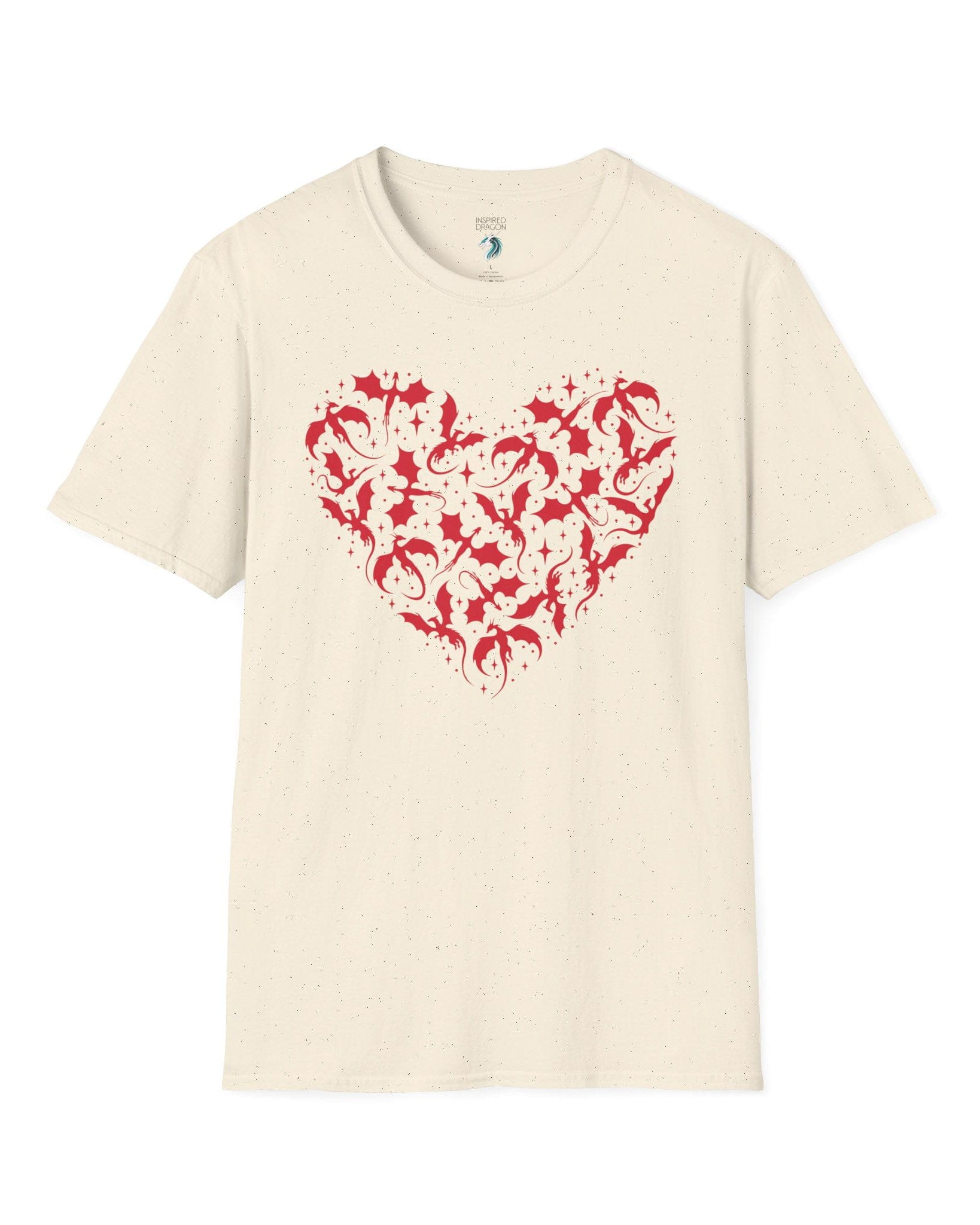 Dragonflight Heart shirt in natural featuring a heart formed from flying dragon silhouettes with small star accents