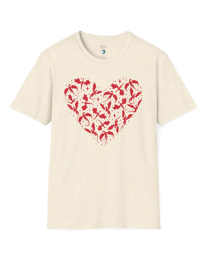 Dragonflight Heart shirt in natural featuring a heart formed from flying dragon silhouettes with small star accents