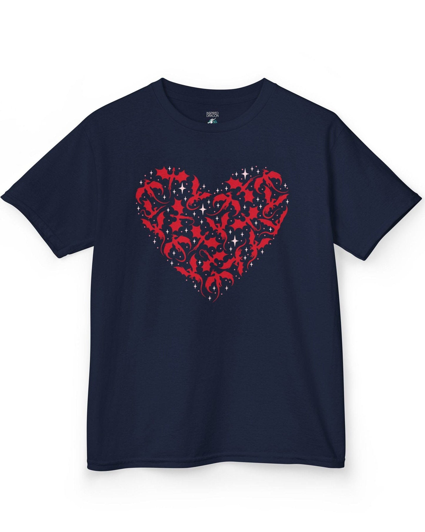 Dragonflight Heart shirt in navy featuring a heart formed from flying dragon silhouettes with small star accents