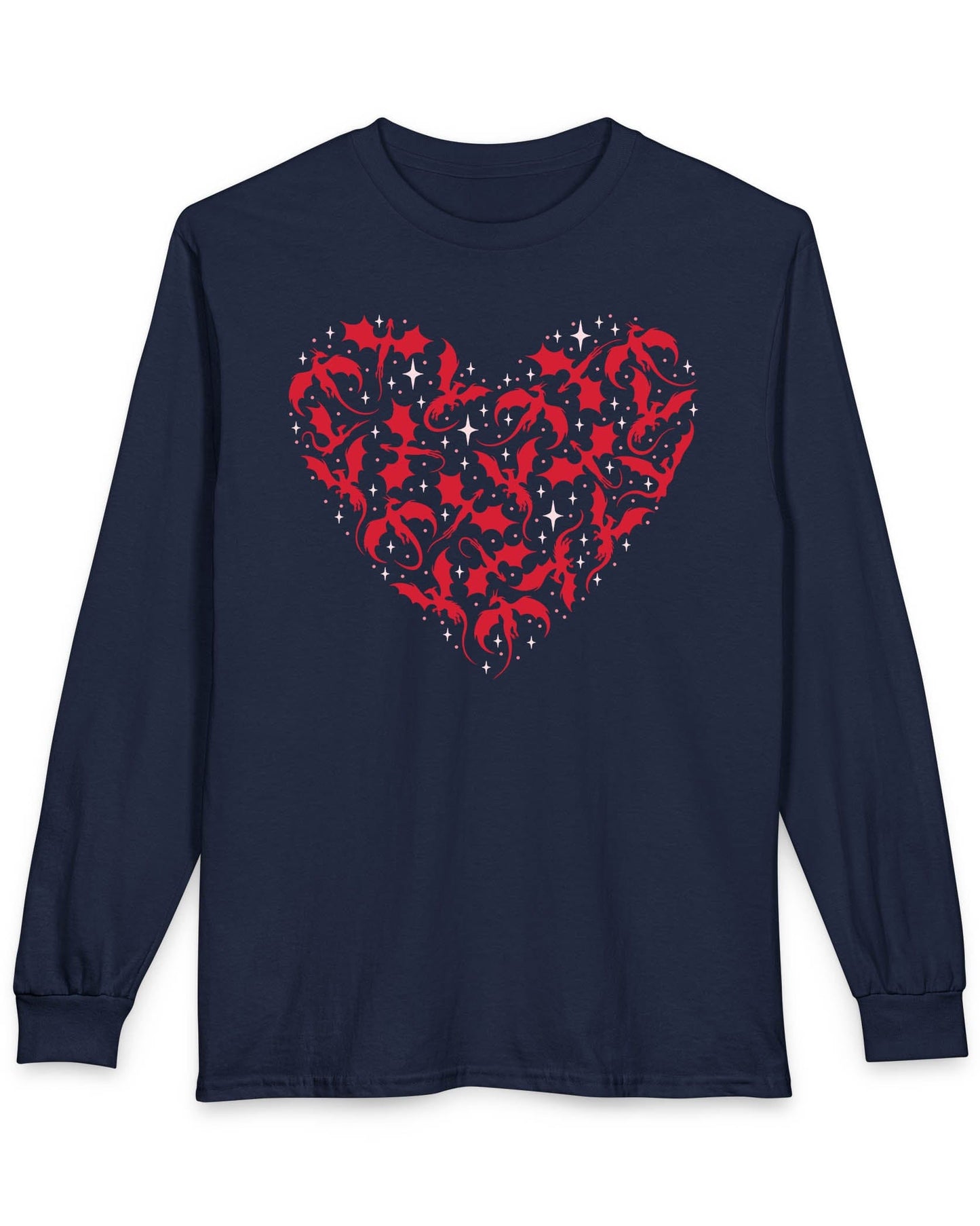 Dragonflight Heart shirt in navy featuring a heart formed from flying dragon silhouettes with small star accents