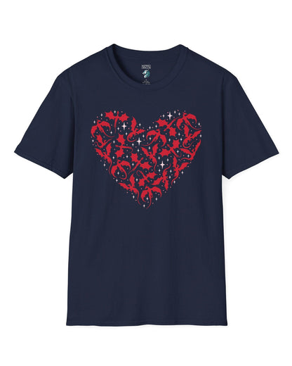 Dragonflight Heart shirt in navy featuring a heart formed from flying dragon silhouettes with small star accents