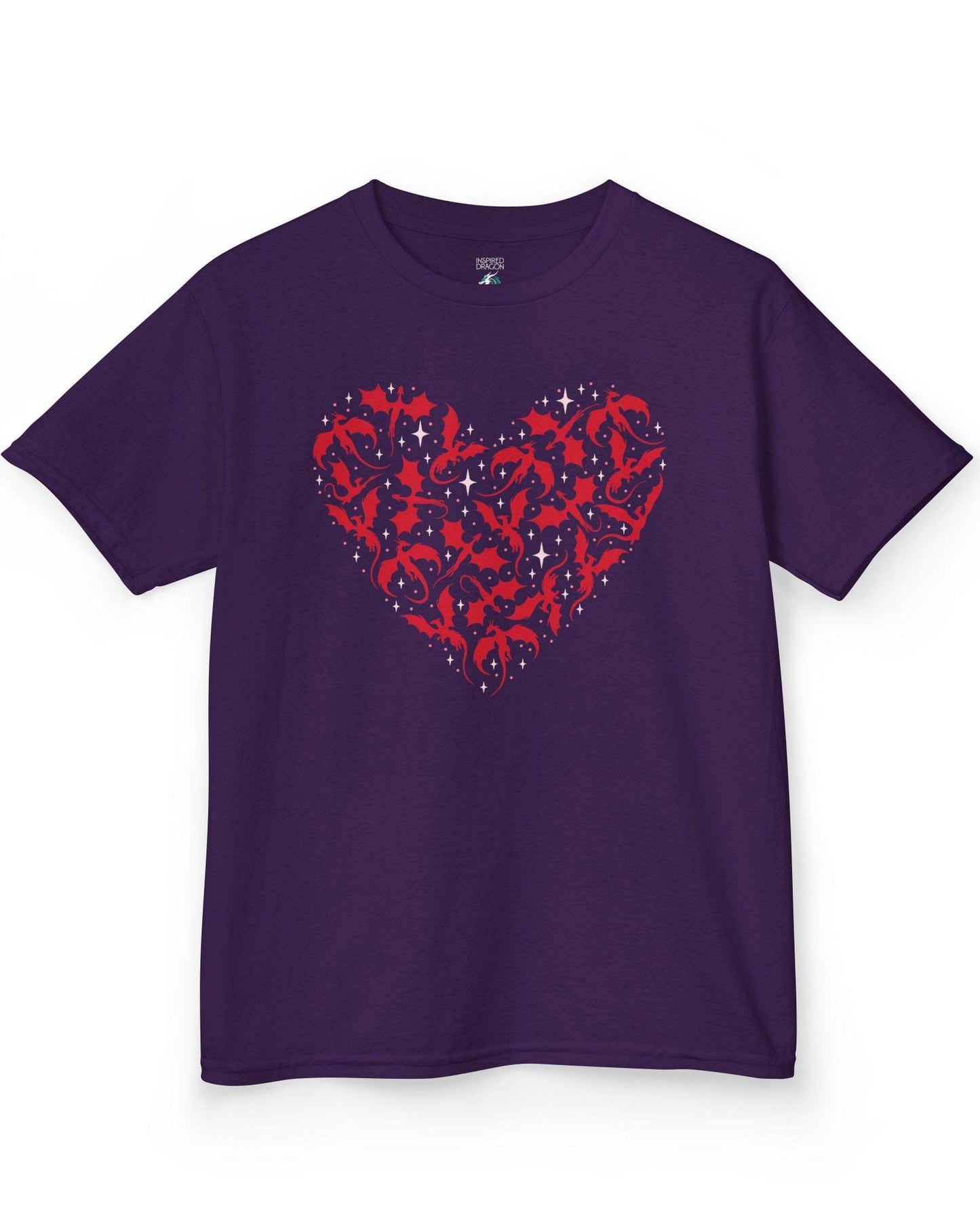 Dragonflight Heart shirt in purple featuring a heart formed from flying dragon silhouettes with small star accents