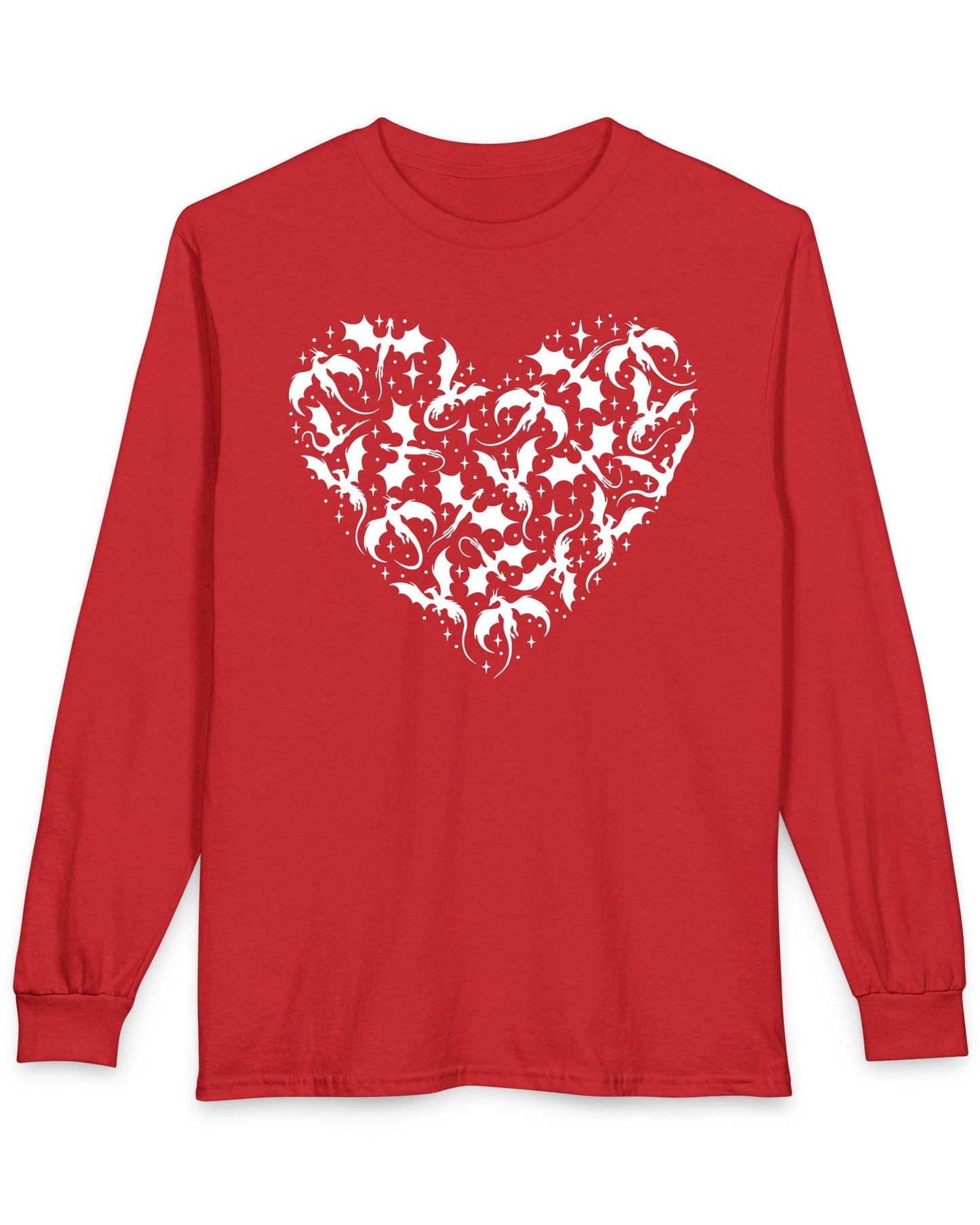 Dragonflight Heart shirt in red featuring a heart formed from flying dragon silhouettes with small star accents