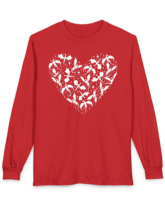 Dragonflight Heart shirt in red featuring a heart formed from flying dragon silhouettes with small star accents