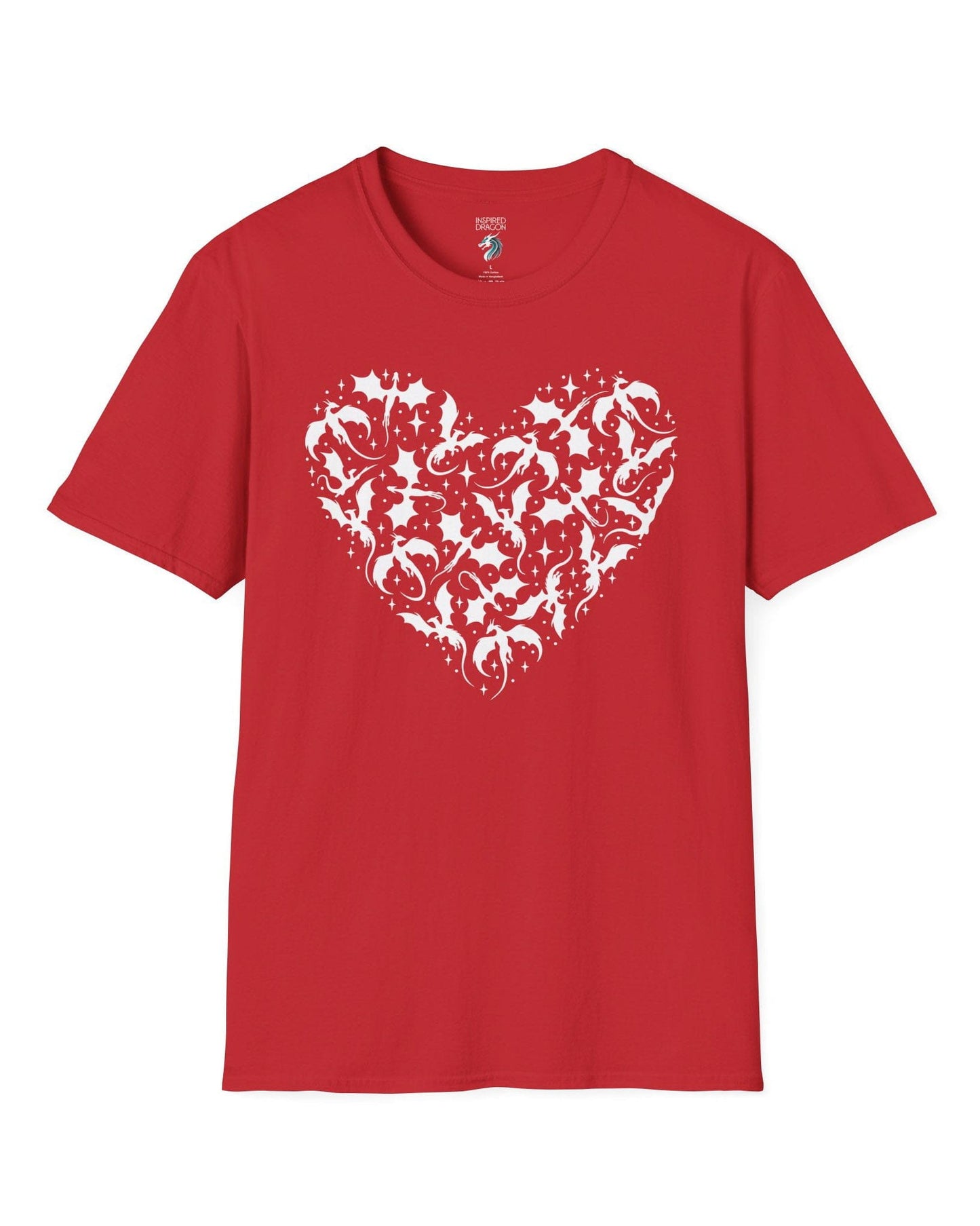 Dragonflight Heart shirt in red featuring a heart formed from flying dragon silhouettes with small star accents