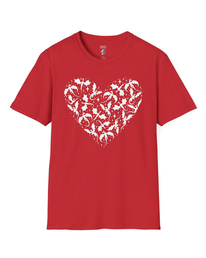 Dragonflight Heart shirt in red featuring a heart formed from flying dragon silhouettes with small star accents