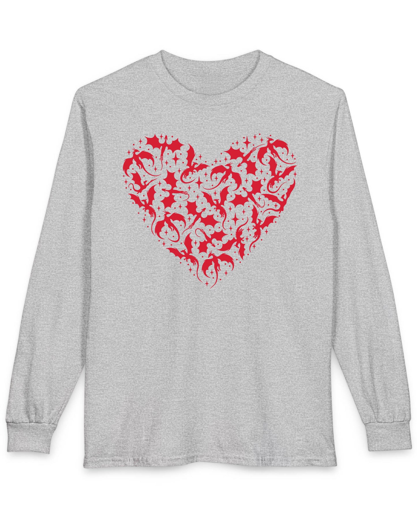 Dragonflight Heart shirt in sport grey featuring a heart formed from flying dragon silhouettes with small star accents