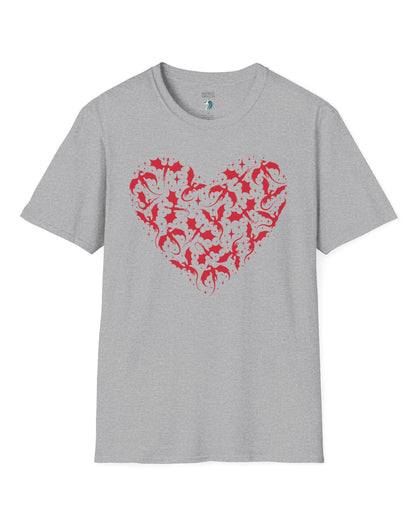 Dragonflight Heart shirt in sport grey featuring a heart formed from flying dragon silhouettes with small star accents