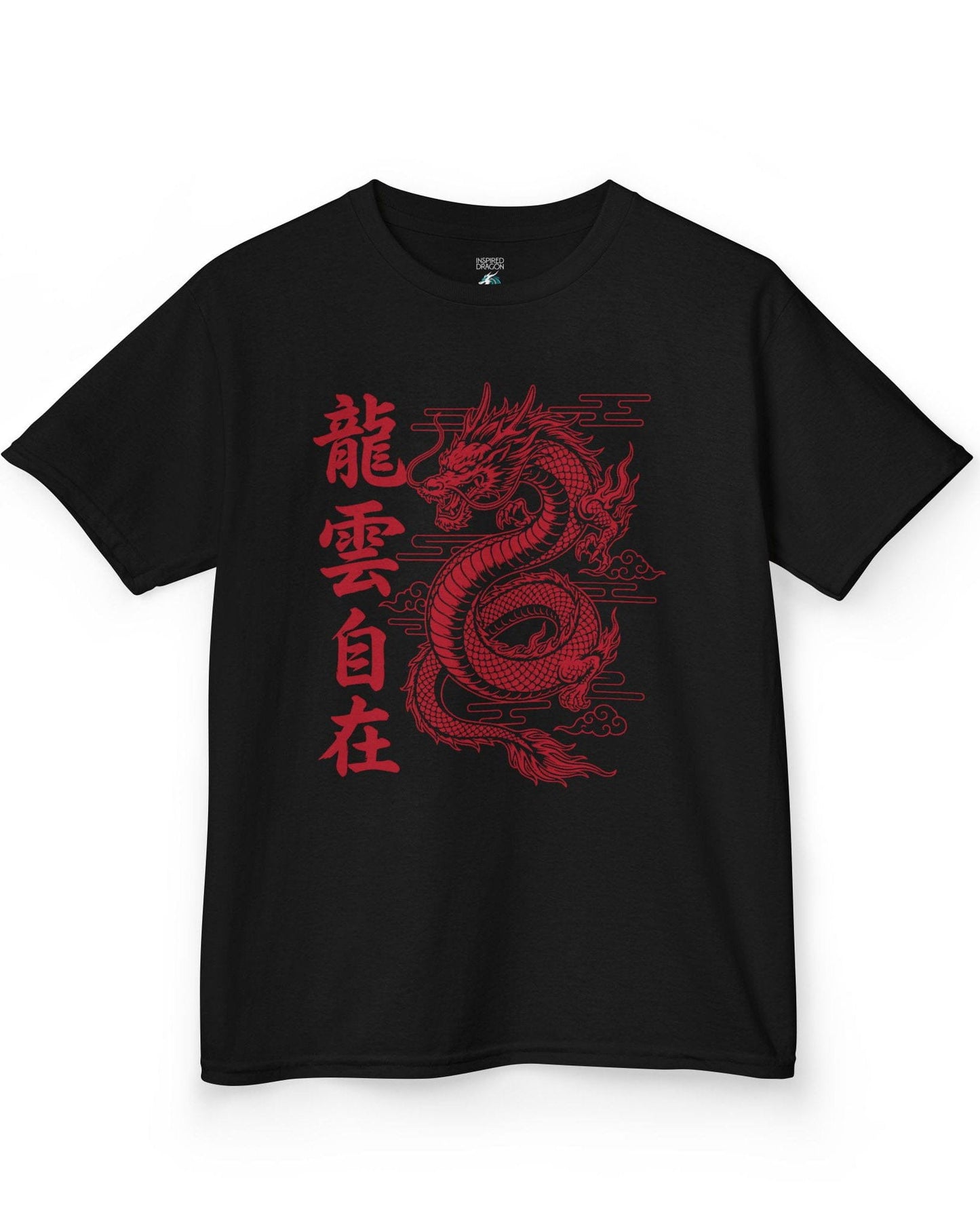 Freedom in the Clouds shirt in black featuring an eastern dragon with flowing clouds and vertical calligraphy accents