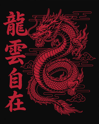 Freedom in the Clouds shirt in black featuring an eastern dragon with flowing clouds and vertical calligraphy accents