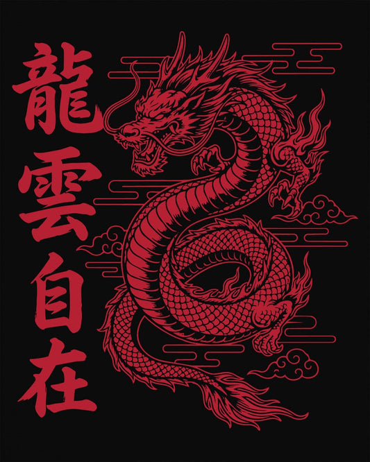 Freedom in the Clouds shirt in black featuring an eastern dragon with flowing clouds and vertical calligraphy accents