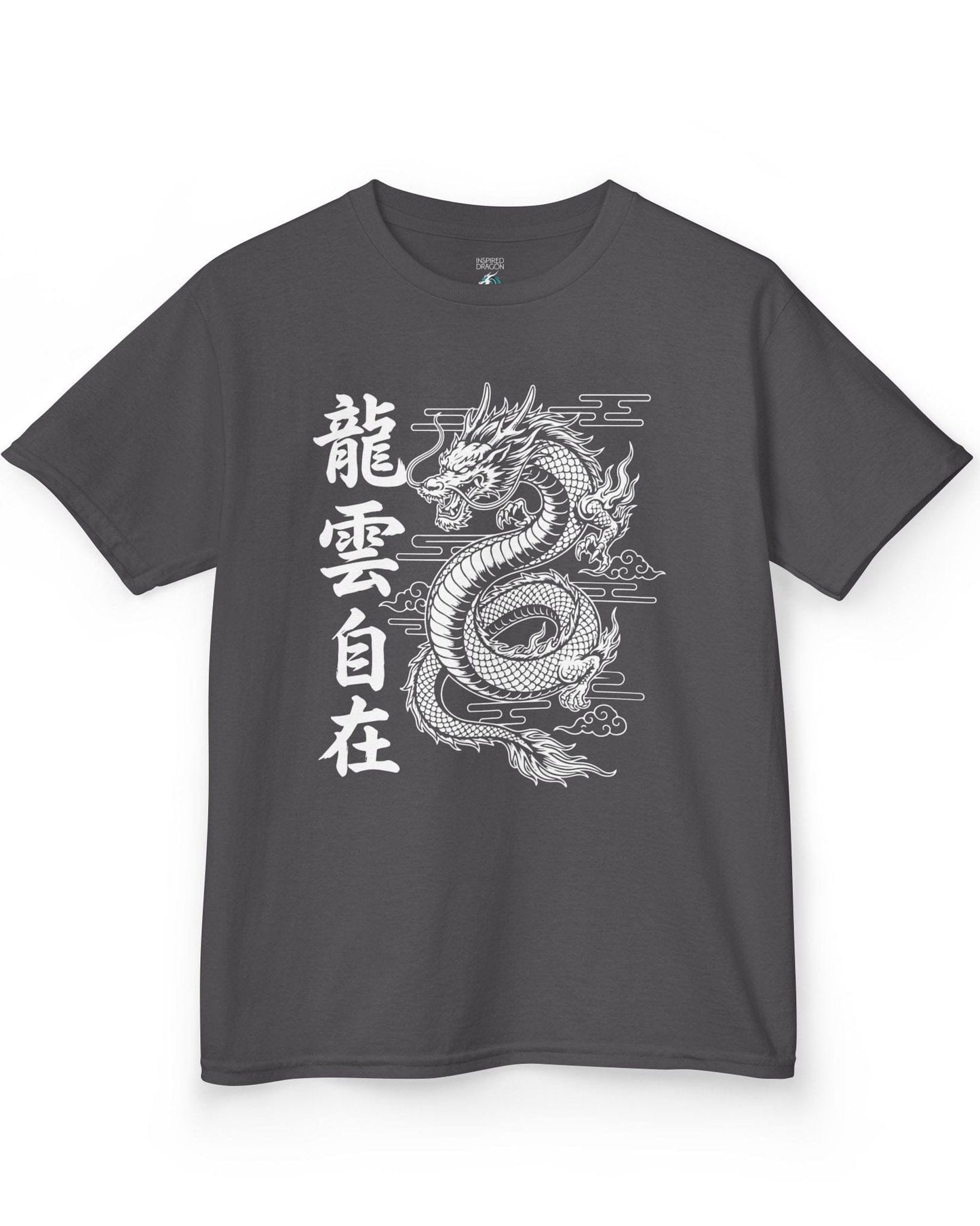 Freedom in the Clouds shirt in charcoal featuring an eastern dragon with flowing clouds and vertical calligraphy accents
