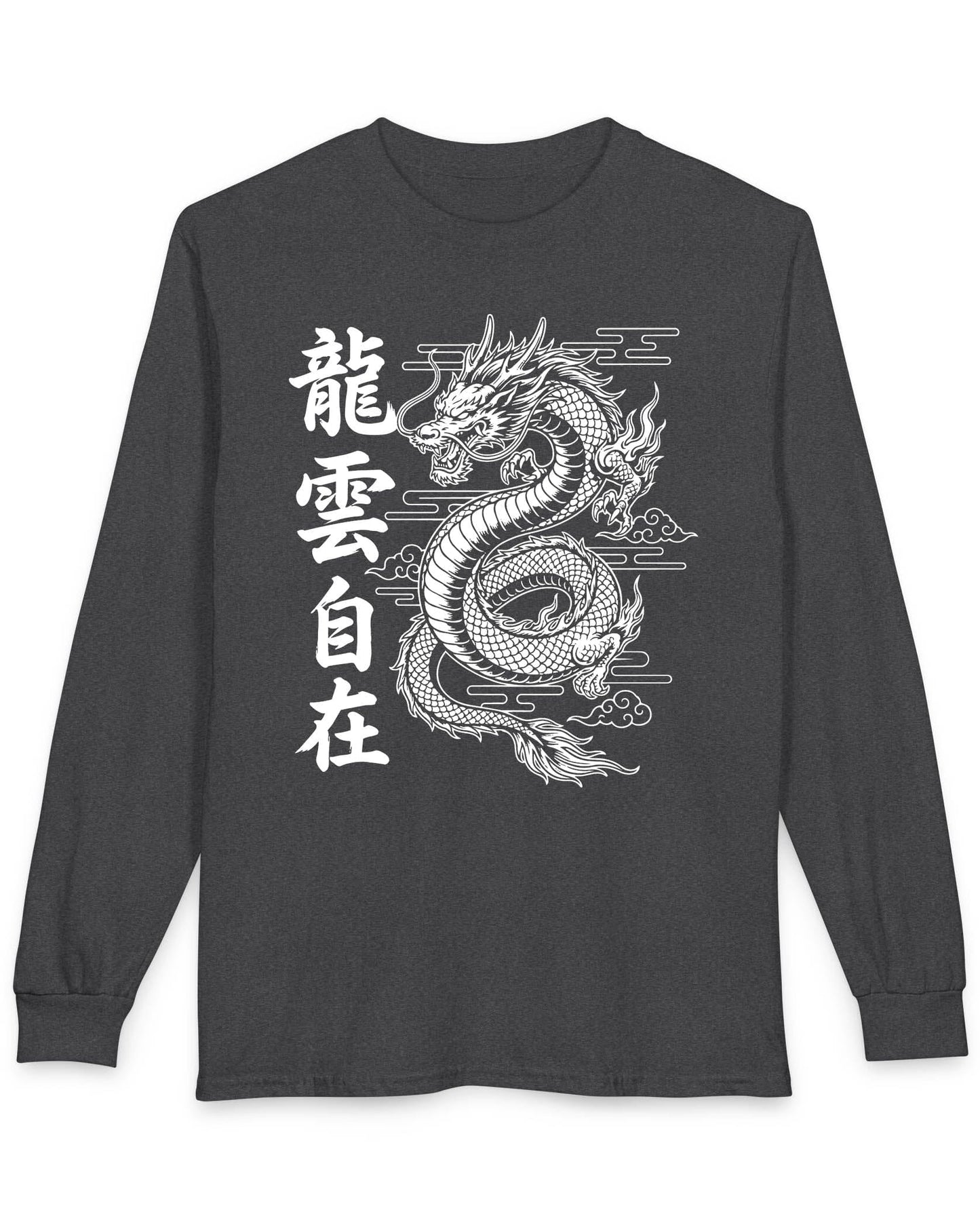 Freedom in the Clouds shirt in dark heather featuring an eastern dragon with flowing clouds and vertical calligraphy accents