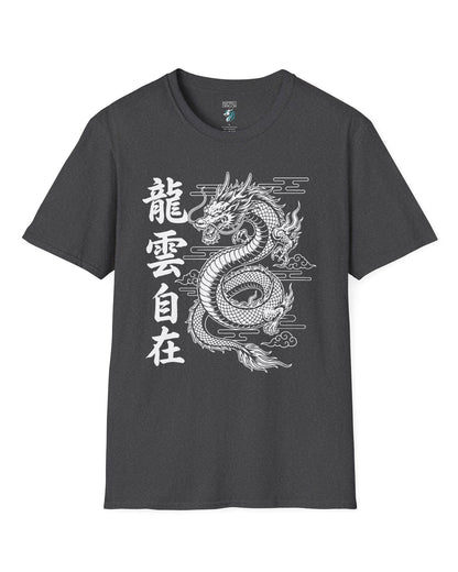 Freedom in the Clouds shirt in dark heather featuring an eastern dragon with flowing clouds and vertical calligraphy accents