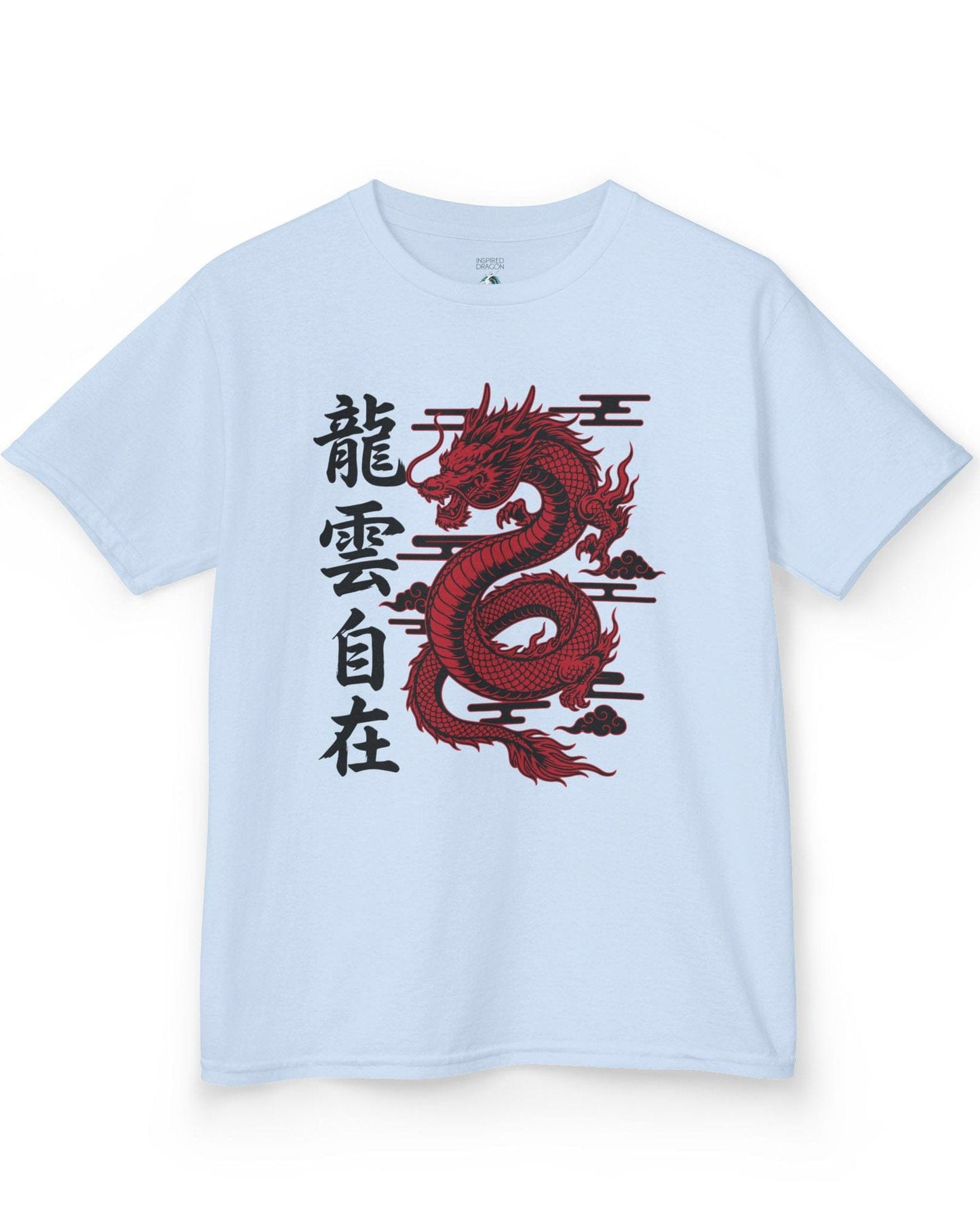 Freedom in the Clouds shirt in light blue featuring an eastern dragon with flowing clouds and vertical calligraphy accents