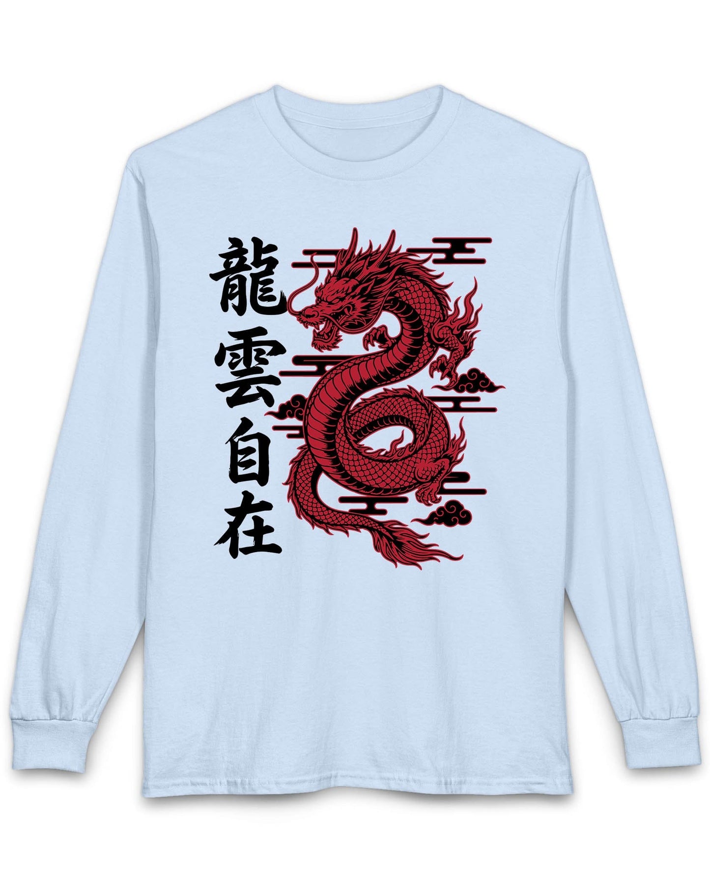 Freedom in the Clouds shirt in light blue featuring an eastern dragon with flowing clouds and vertical calligraphy accents