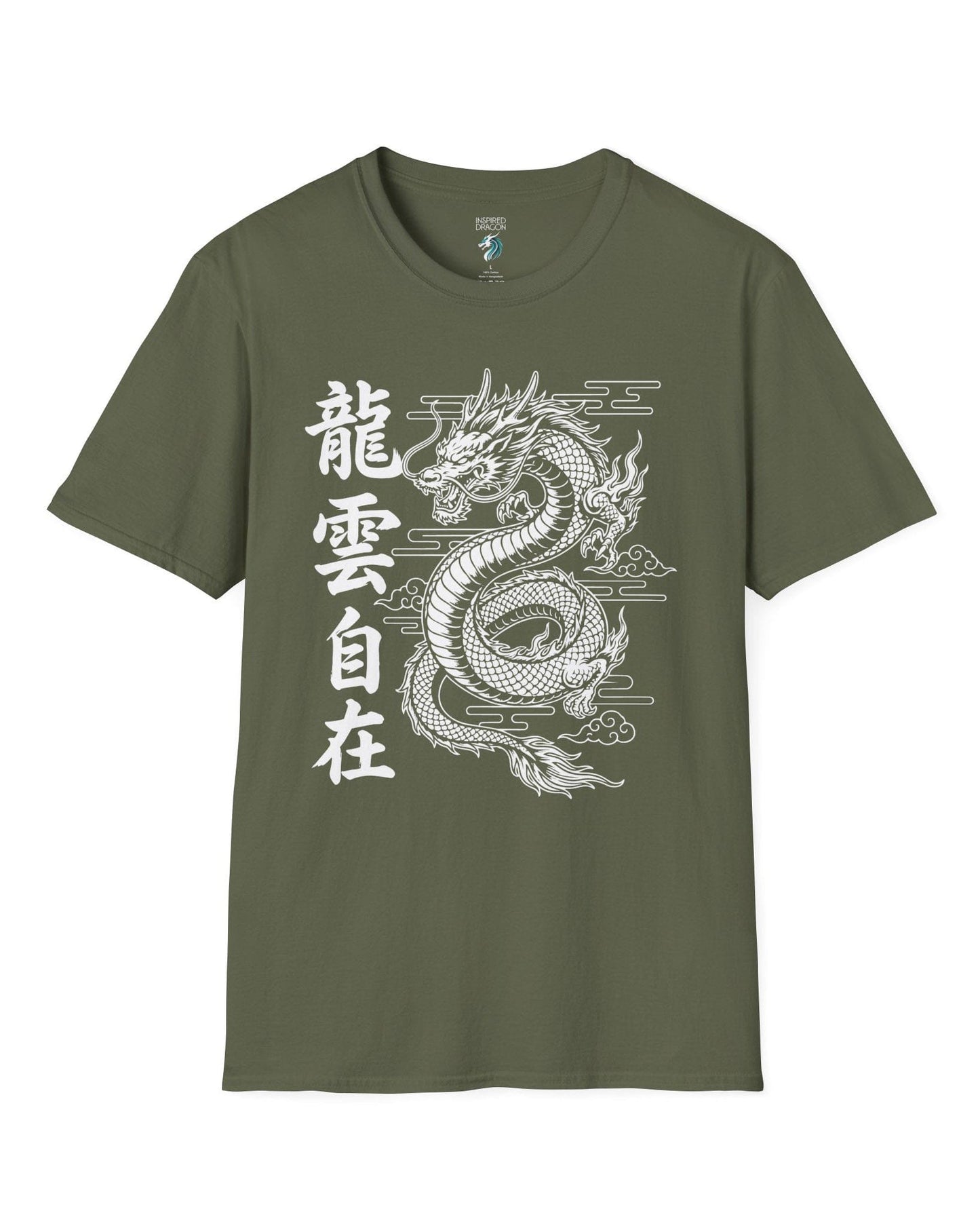 Freedom in the Clouds shirt in military green featuring an eastern dragon with flowing clouds and vertical calligraphy accents