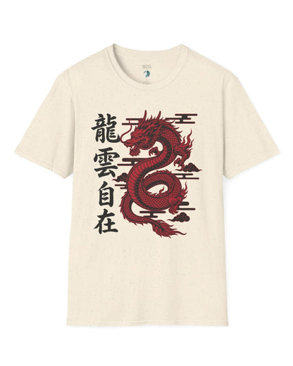 Freedom in the Clouds shirt in natural featuring an eastern dragon with flowing clouds and vertical calligraphy accents