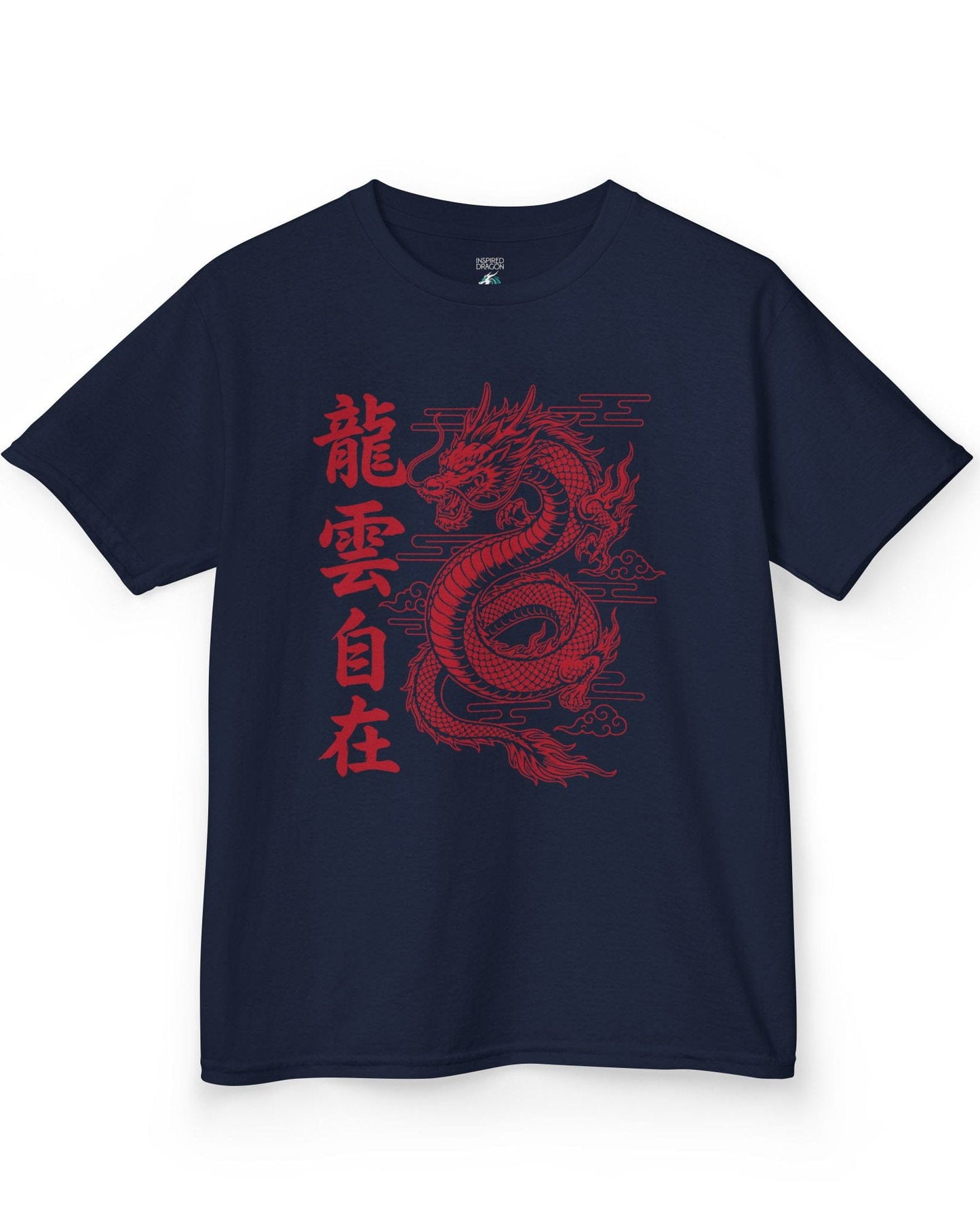 Freedom in the Clouds shirt in navy featuring an eastern dragon with flowing clouds and vertical calligraphy accents
