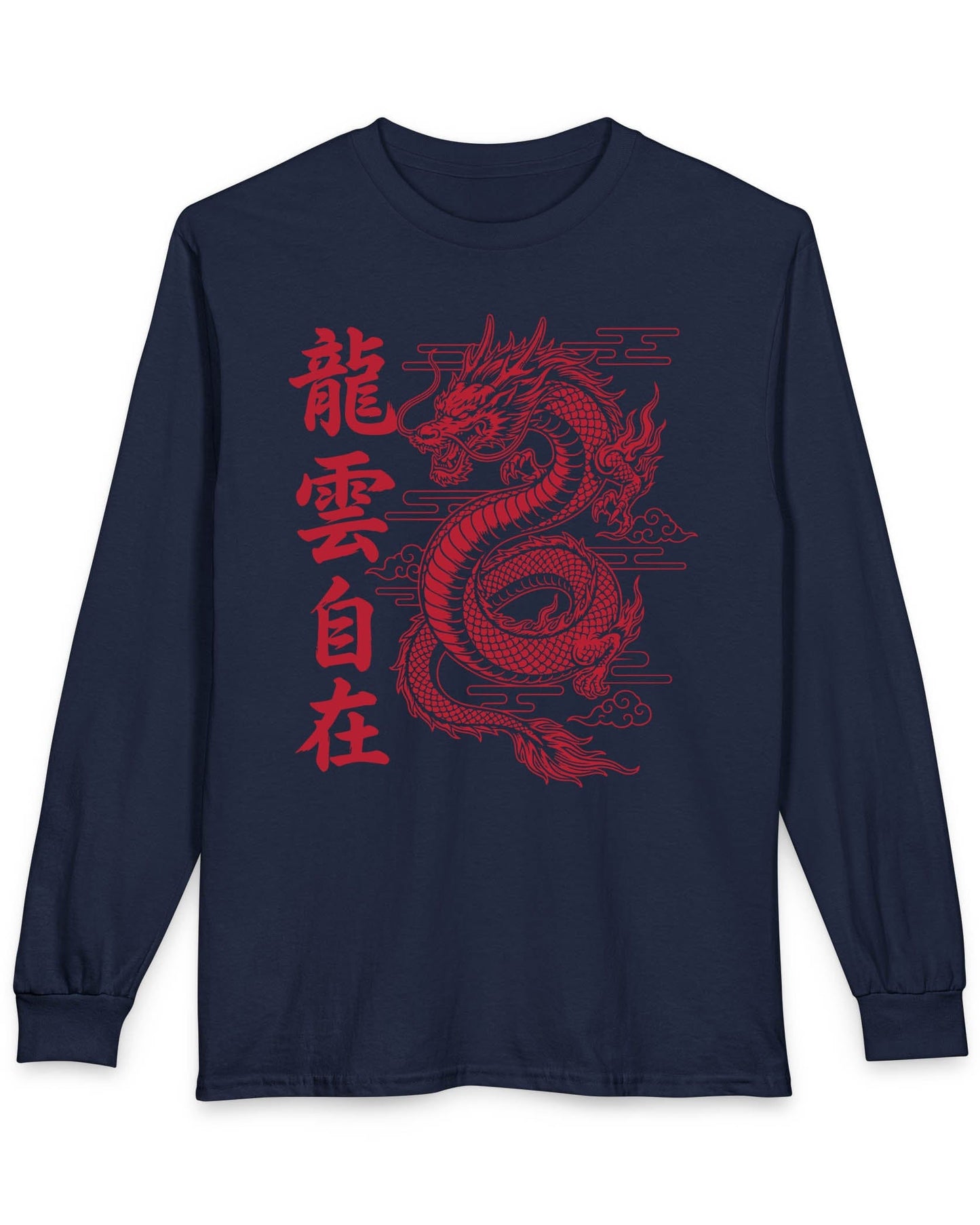Freedom in the Clouds shirt in navy featuring an eastern dragon with flowing clouds and vertical calligraphy accents