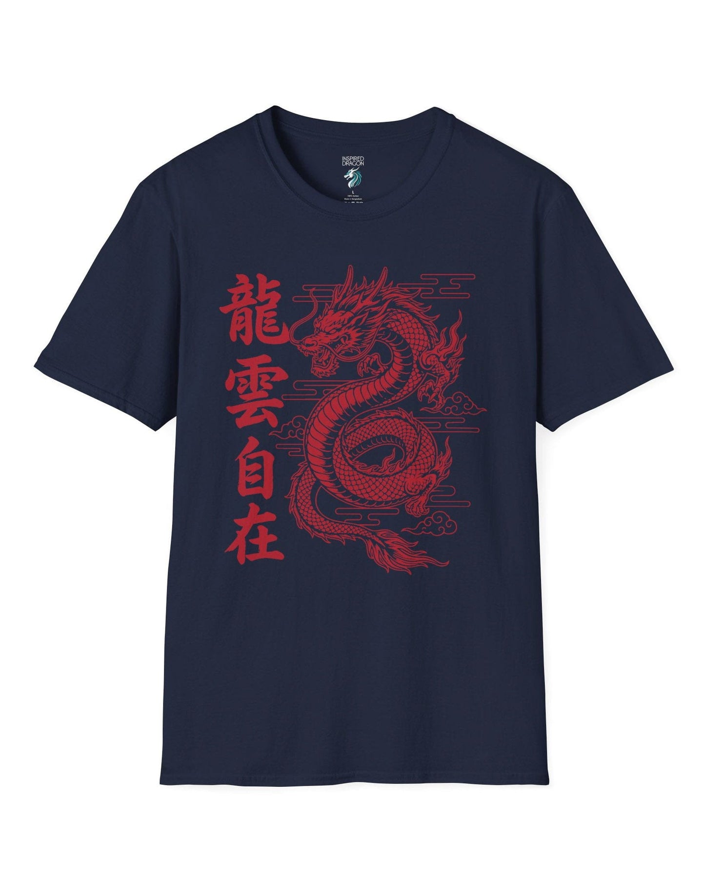 Freedom in the Clouds shirt in navy featuring an eastern dragon with flowing clouds and vertical calligraphy accents