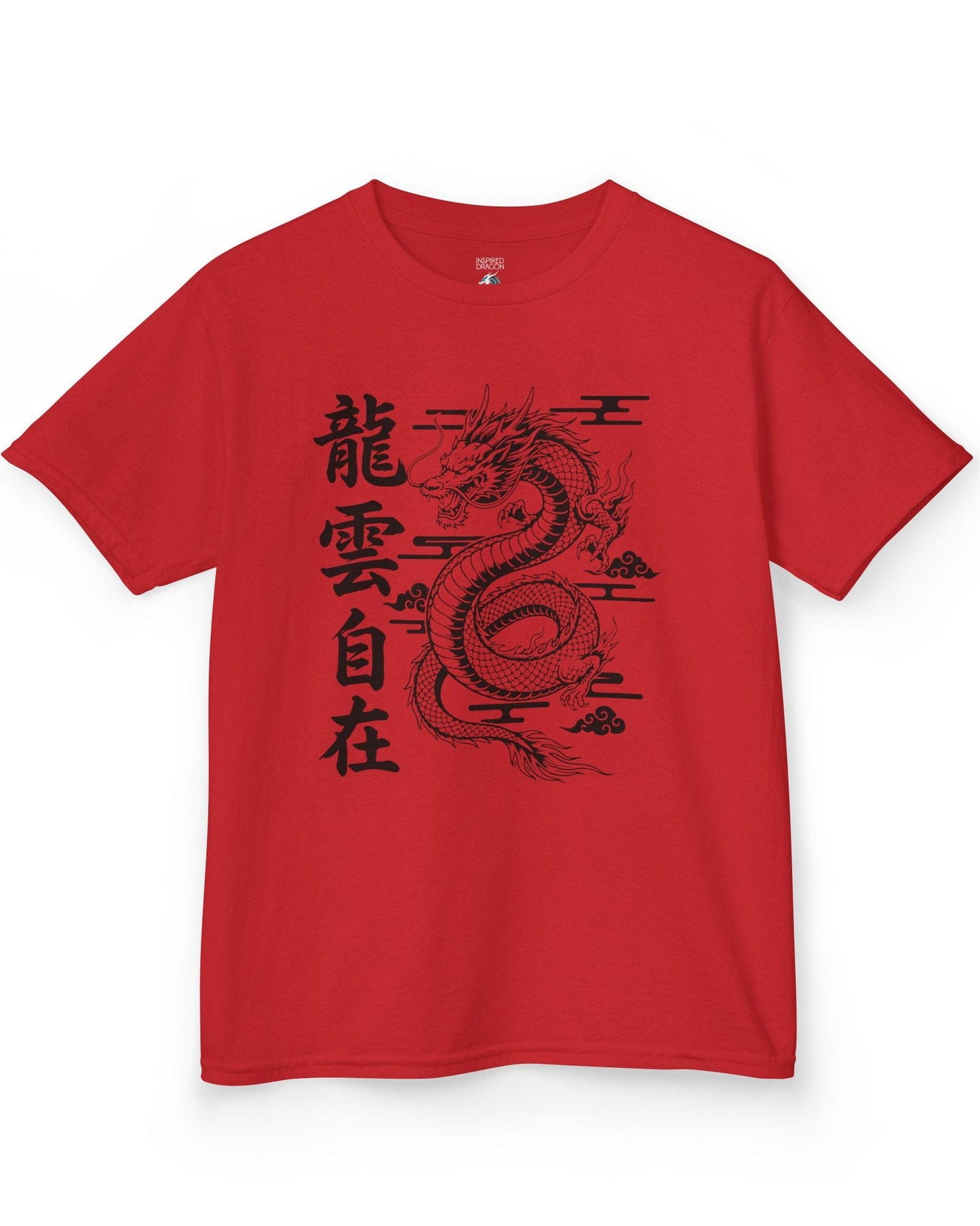 Freedom in the Clouds shirt in red featuring an eastern dragon with flowing clouds and vertical calligraphy accents