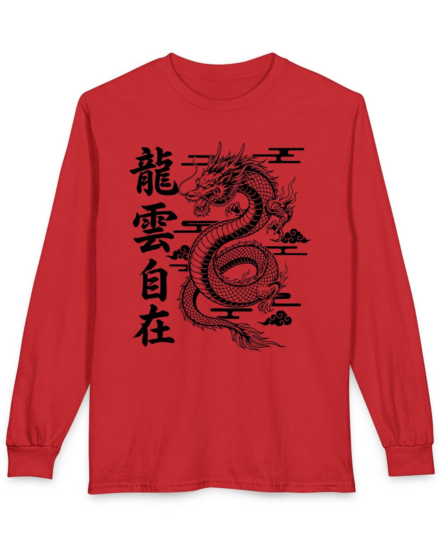 Freedom in the Clouds shirt in red featuring an eastern dragon with flowing clouds and vertical calligraphy accents