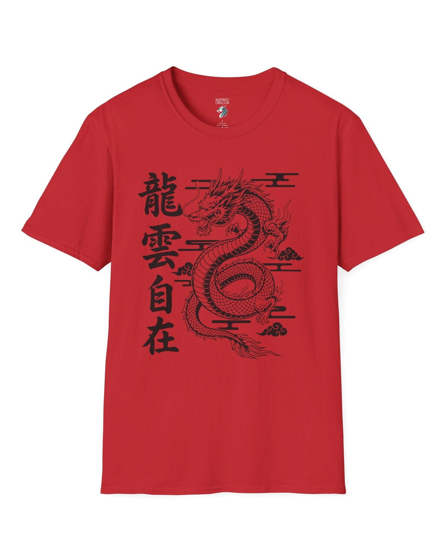 Freedom in the Clouds shirt in red featuring an eastern dragon with flowing clouds and vertical calligraphy accents