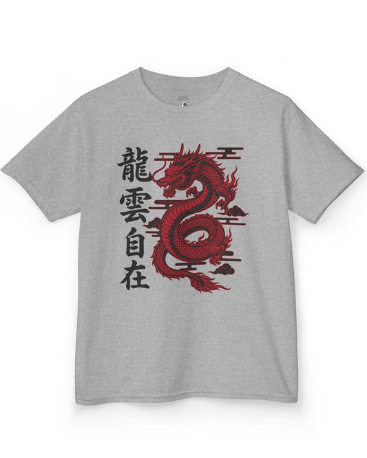 Freedom in the Clouds shirt in sport grey featuring an eastern dragon with flowing clouds and vertical calligraphy accents