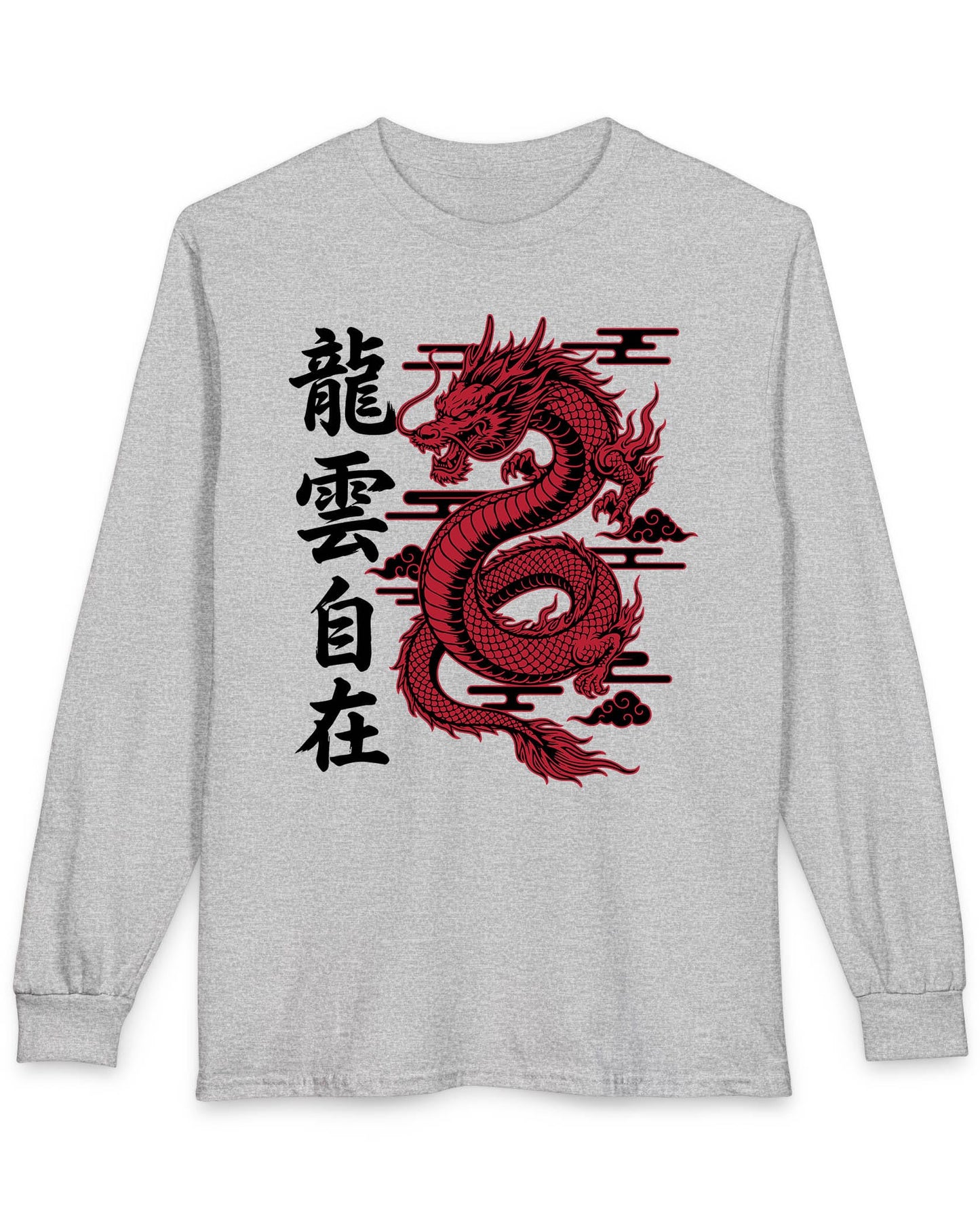 Freedom in the Clouds shirt in sport grey featuring an eastern dragon with flowing clouds and vertical calligraphy accents