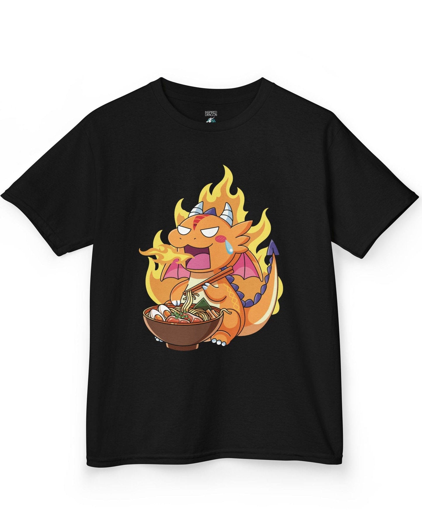 Hot Ramen Dragon shirt in black featuring a cute orange dragon eating a steaming bowl of ramen while breathing fire