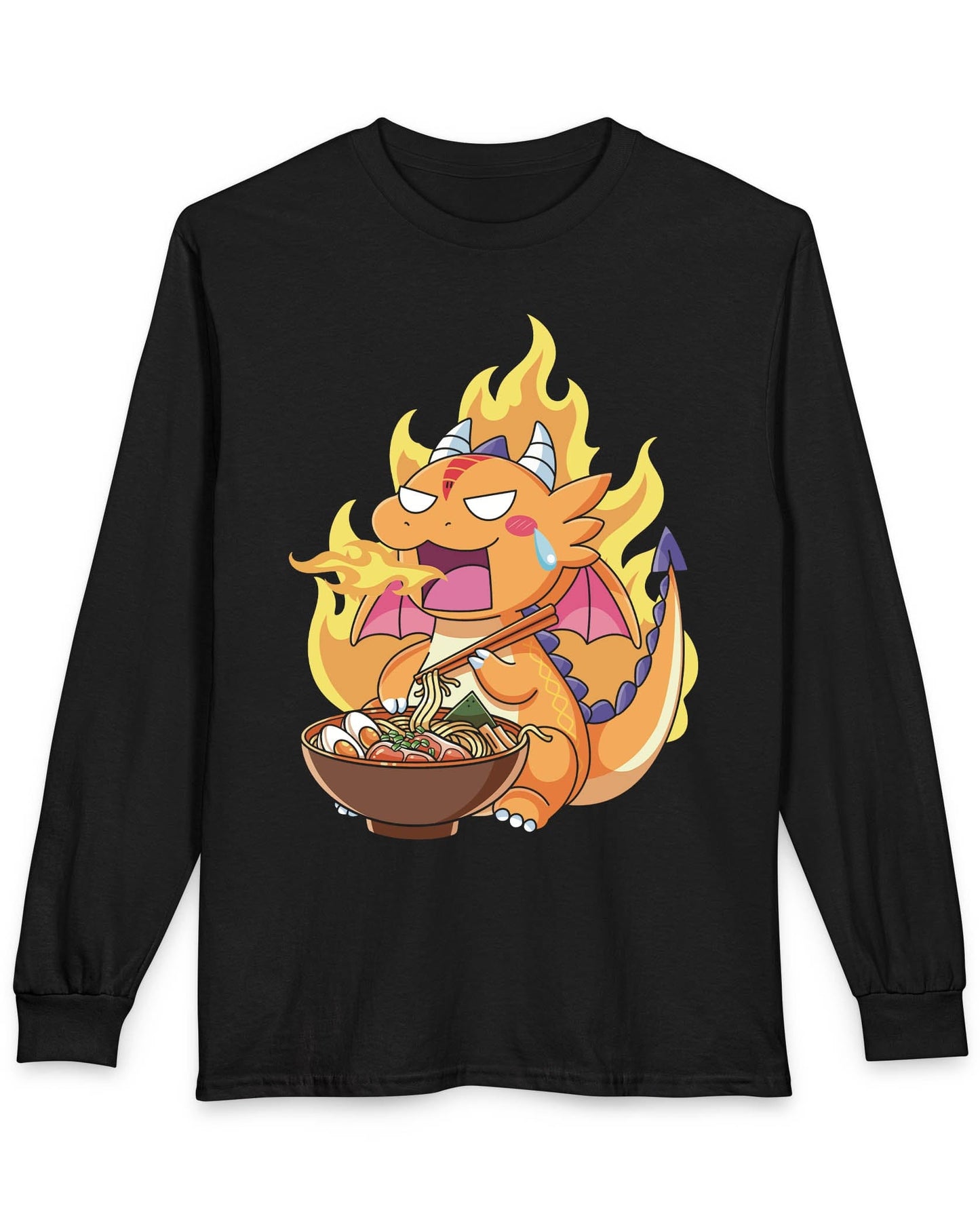 Hot Ramen Dragon shirt in black featuring a cute orange dragon eating a steaming bowl of ramen while breathing fire
