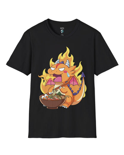 Hot Ramen Dragon shirt in black featuring a cute orange dragon eating a steaming bowl of ramen while breathing fire